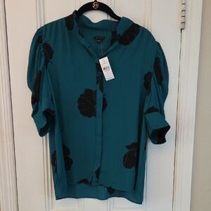 Ann Taylor Green Blouse with Black Floral Design
